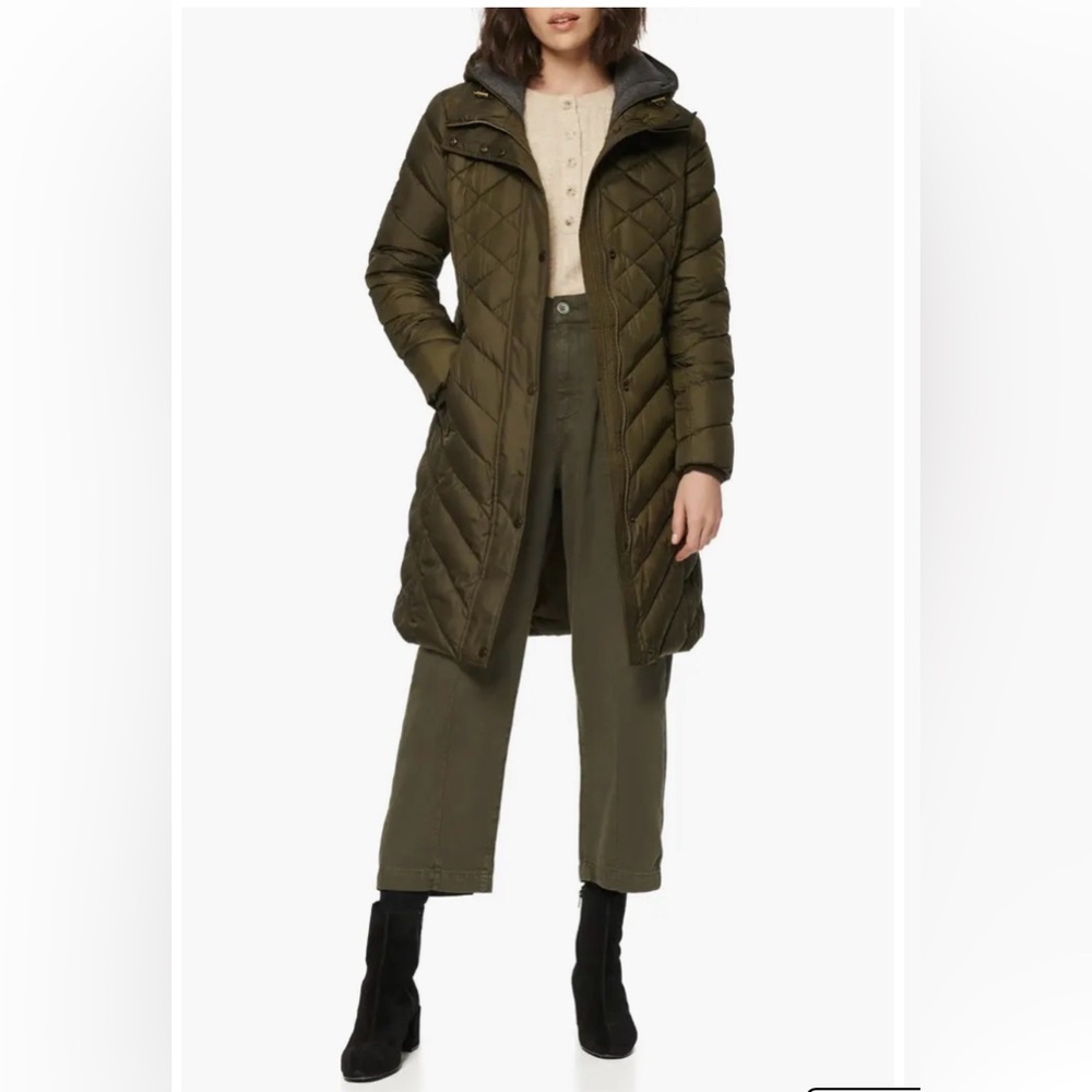 Marc New York dark Olive matte jersey lined Hooded Puffer coat size small